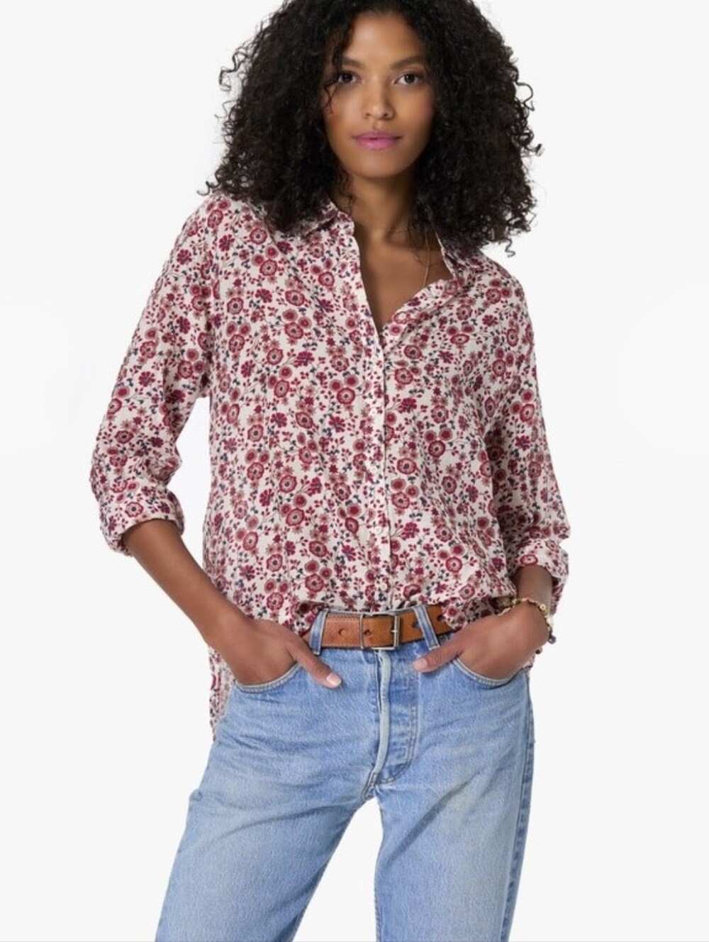 Xirena Beau Shirt Cotton Silk Blouse Floral Button-Up Long Sleeve Top XS